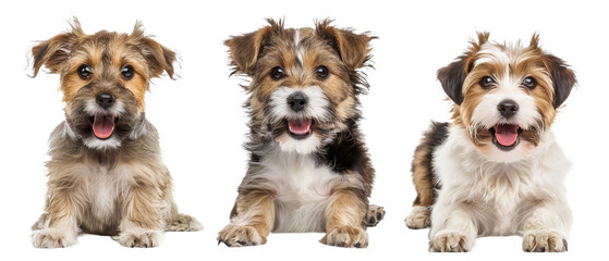 Three terrier puppies smiling and playing, one with a blank sign, evoke happiness and carefree attitude on white