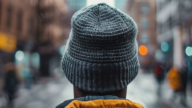 The image showcases the back of a person’s head wearing a textured dark gray knitted beanie. The person is also wearing a mustard yellow jacket with a high collar. Bokeh lights and blurred urban stree