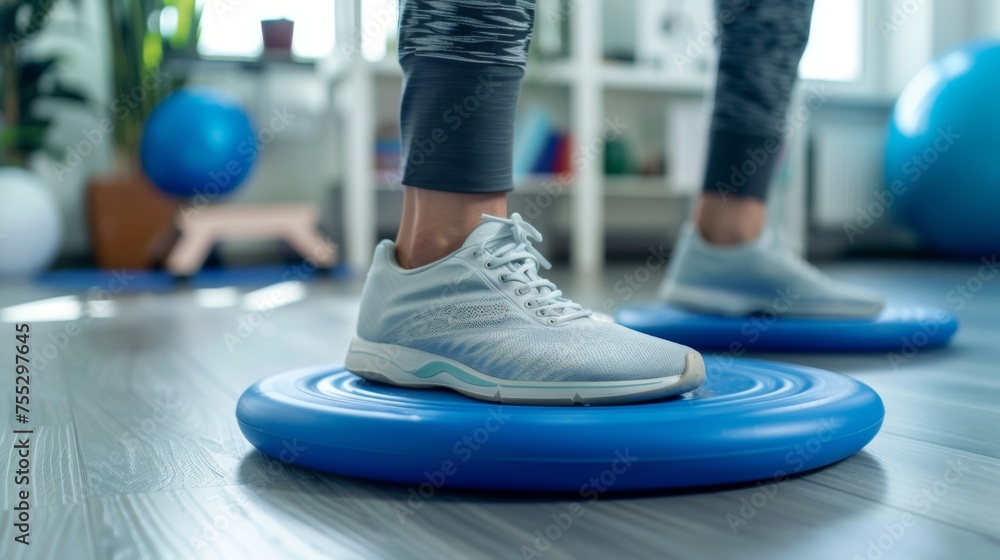Poster a patient is practicing balance and coordination exercises while standing on a foam balance disc wit