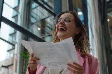 Woman received a happy letter from the bank, businesswoman reads and rejoices celebrating success, female worker in glasses works inside a modern office building uses laptop, Generative AI