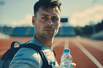 Portrait of sportsman with bottle of water, man resting walking stadium for training, young athlete yoga and fitness trainer, Generative AI
