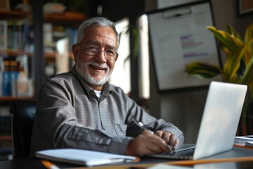 Mature experienced hispanic businessman in middle of office watching online webinar and training course, man using laptop for video call, writing data in notebook, smiling excitedly, Generative AI