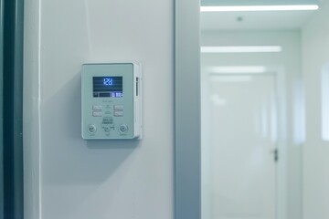 The air conditioning and heating control panel for the apartment and office is located on a white wall, Generative AI - obrazy, fototapety, plakaty