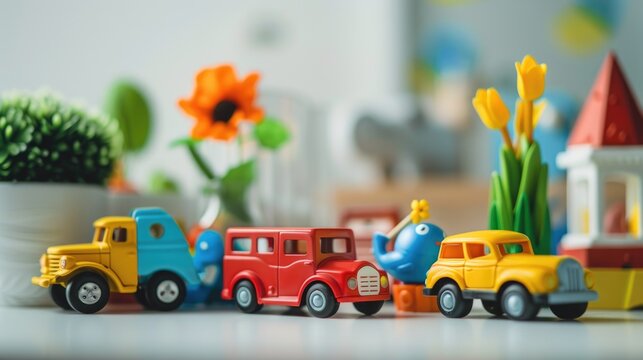 Vibrant toy trucks lined up in a playful display,  Safe Toys and Gifts Month