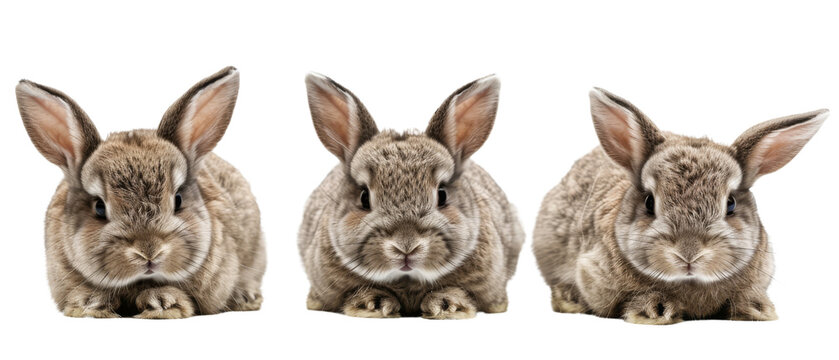A charming group of three brown rabbits with various expressions showcased against a white backdrop