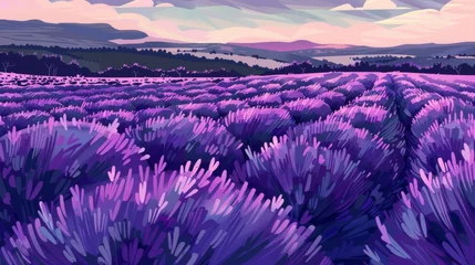 Zelfklevend Fotobehang Background Texture Pattern Lavender Fields that captures the serene beauty of lavender fields in a cel-shaded Soft Purples Style created with Generative AI Technology © Sentoriak