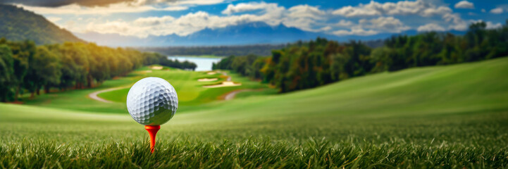 golf course in the evening at sunset with golf ball on tee, panoramic banner, copy space - 755298014