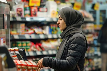 A woman buyer in a supermarket in a hijab pays for goods at a self-service checkout, convenient service for customers, Generative AI