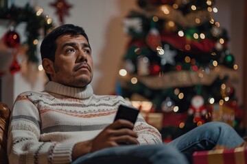 Cheated and upset Christmas man in living room near decorated Christmas tree, rejected and wrong money transfer, hispanic man holding bank credit card and phone, Generative AI - obrazy, fototapety, plakaty