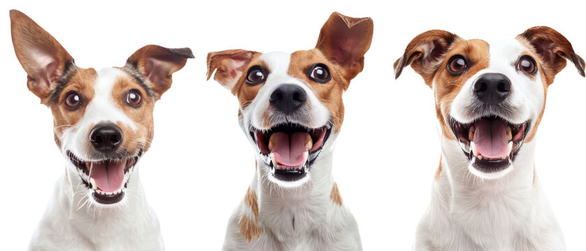 The image features three happy, excited mixed breed dogs against a white background with open mouths and bright eyes