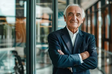 Fotobehang Portrait of successful mature boss, senior businessman in business suit looking at camera and smiling, man with crossed arms working inside modern office building, Generative AI © Planetary Artist