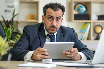 Fototapeta na wymiar Serious mature concentrated arab businessman working inside office at workplace, man in business suit holding tablet computer, boss using app and laptop thinking, Generative AI