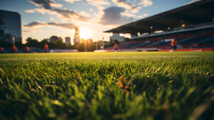The grass view in a soccer stadium background - obrazy, fototapety, plakaty