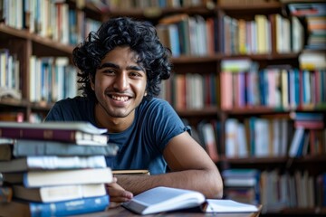 Indian student with curly hair studying sitting among books on shelves, man watching video course writing in notebook smiling contentedly, Generative AI - obrazy, fototapety, plakaty