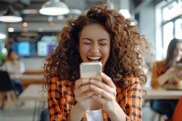 Young beautiful hispanic woman with curly hair inside office celebrating victory success, businesswoman received win notification on phone, using smartphone app at workplace, Generative AI