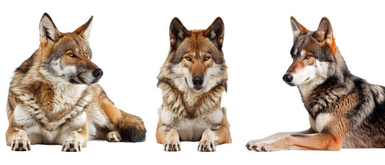 Set of three wolves in different poses and color variations against a plain white background