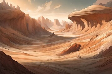 Eroded plateaus sculpted by time, a symphony of muted colors under the soft sunlight.