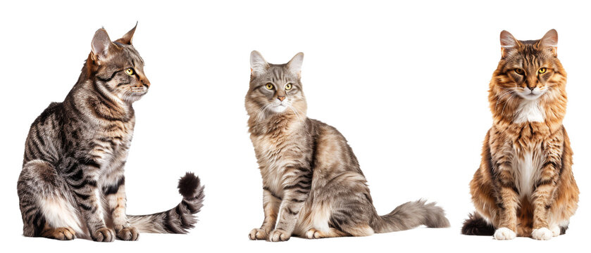 Three different breeds of cats placed against a white background, each looking attentively