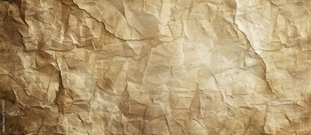 Poster a macro shot capturing the intricate pattern of a crumpled brown paper, resembling the texture of ha