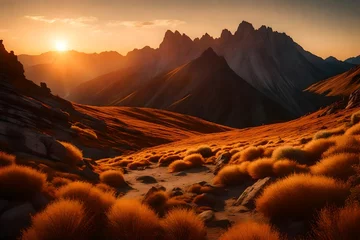 Fotobehang Sunset's golden glow on plateau mountains, a tranquil masterpiece in natural radiance. © Muhammad