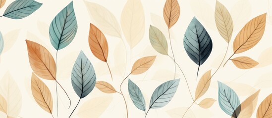 Fototapeta premium This close-up view showcases a wall adorned with various leaves, creating a unique and intricate background design suitable for fabric and decor purposes. The leaves appear to be intricately arranged