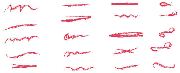 Crayon brush stroke red underline. Chalk pen highlight stroke. Vector hand drawn brush underline element set for accent, crayon texture emphasis element. Red chalk brush strokes. vector illustration - obrazy, fototapety, plakaty