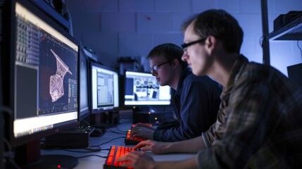 A team of engineers using tingedge computer software to design and test new aircraft and spacecraft structures.