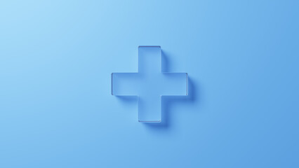 青い背景に透明なガラスの十字。俯瞰。3D（横長）