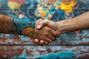 Handshake against world map mural showing international partnership, concept of global business relations and agreements