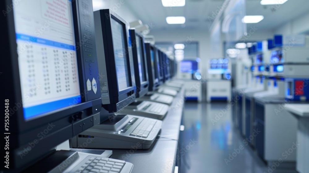 Poster automated machines line the walls efficiently tracking and storing patient information while providi