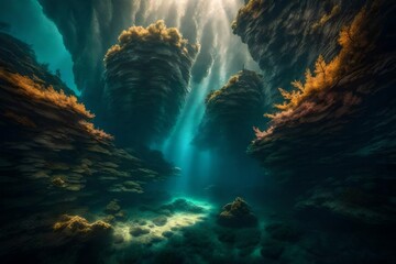 Underwater peaks standing proud, a hidden world illuminated by the play of light. - obrazy, fototapety, plakaty