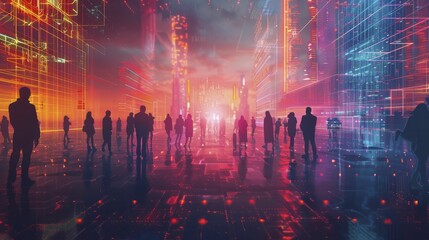 A vibrant depiction of a digital forum where global citizens discuss and shape the future of ethical AI.