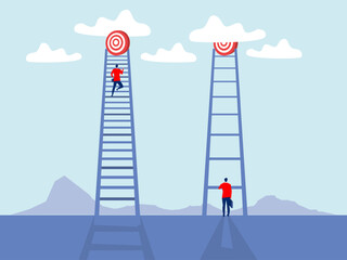 Aiming concept, different thinking between businessman climbing on top of step stair.