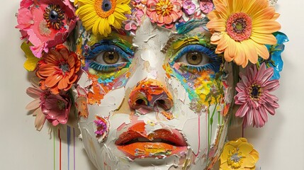 Super realistic watercolor face sculpture with flowers. Artistic expression.