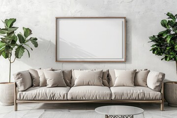 Empty photo frame mockup in modern living room interior design with sofa, table, white background