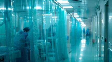 Fototapeta na wymiar The stark sterile environment of an infectious disease ward only broken by the sight of medical staff moving behind plastic curtains as they work to contain and treat s.