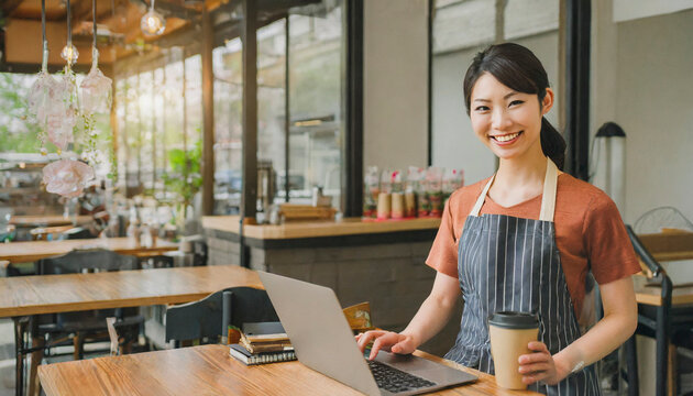 若い女性のバイト、明るいカフェの空間、カフェでの仕事