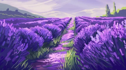Poster Background Texture Pattern Lavender Fields that captures the serene beauty of lavender fields in a cel-shaded Soft Purples Style created with Generative AI Technology © Sentoriak