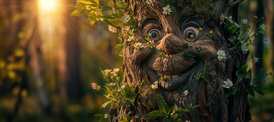 Funny character of a living tree with flowers - obrazy, fototapety, plakaty