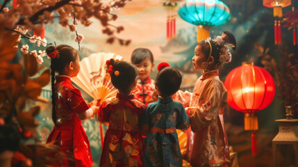 A whimsical backdrop featuring children dressed in traditional Chinese attire capturing the joy and innocence of the holiday.