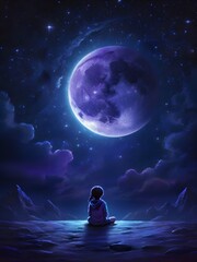 Moon and its light emanating from a starry sky. Bestowing comfort on a child figure sitting on the ground. Light and dark , calm and serene . Mystical Generative AI