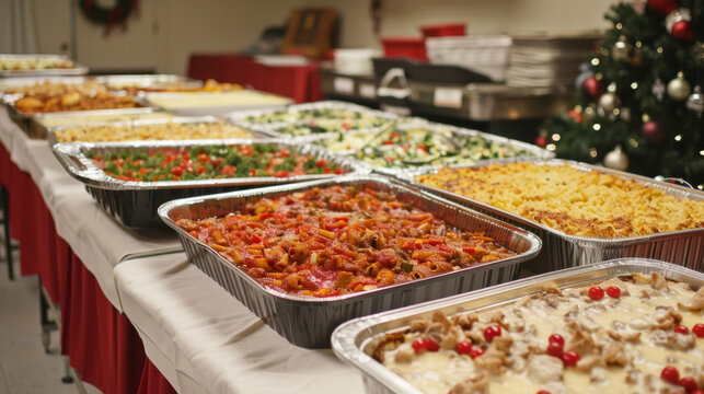 A folding table set up in a church hall overflowing with trays of hearty casseroles steaming soups and festive desserts prepared by members of the community for a charitable