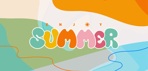 Enjoy Summer text design on colorful scribble drawing background. Summer background. Vector illustration.