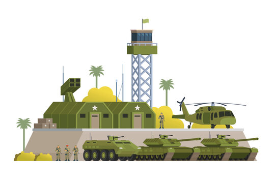 military base scene, green vehicles, flat style clip art preview