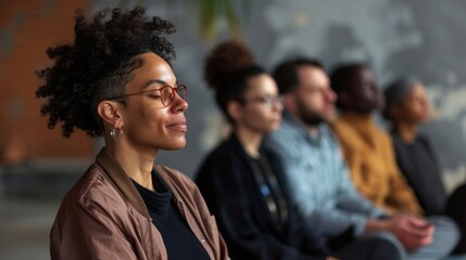 A diverse group of people participate in a mindfulness meditation session emphasizing the importance of selfcare and mental wellness practices.