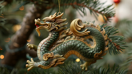 Resin Dragon Epoxy dragon ornament, symbolizing the upcoming 2025 Chinese Year of the Dragon in green pine tree.  generative ai