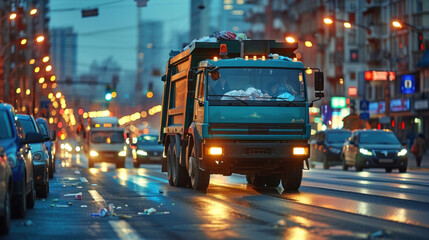 A garbage truck fleet out on the road in city.
