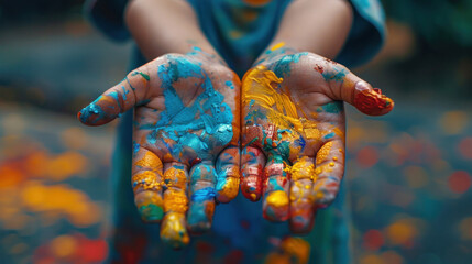A little boy hands painted in colorful paints.