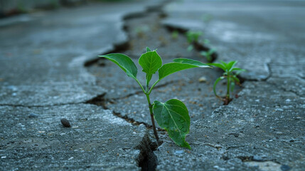 A picture of a plant growing through a crack in the concrete showcasing its ability to adapt and thrive in harsh environments much like selfhealing materials.