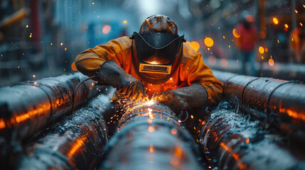 A male welder worker wearing protective clothing fixing welding and grinding industrial construction oil and gas or water and sewerage plumbing pipeline on site.